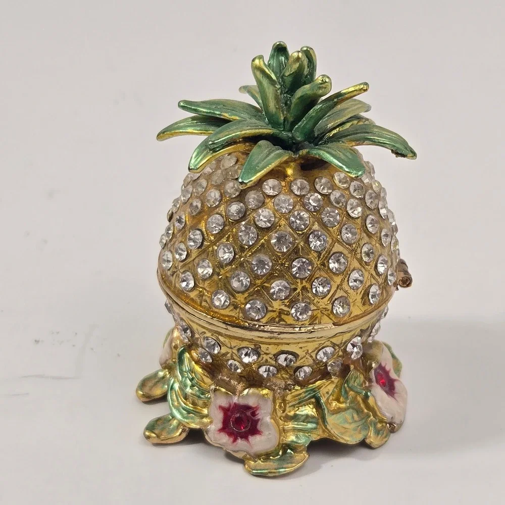 Vintage Gold Tone Rhinestone Pineapple Trinket Box Enameled Hinged Jewelry Case